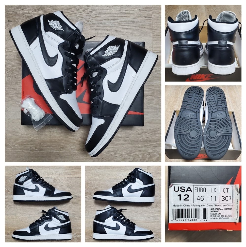 Size 12 Air Jordan 1 Retro High OG Black White 2014 Pre-Owned 555088-010 EUC